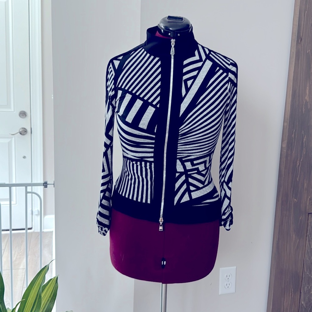 Vintage Joseph Ribkoff Rouched Zip Up Shacket Retro 80s Abstract‎ Black White